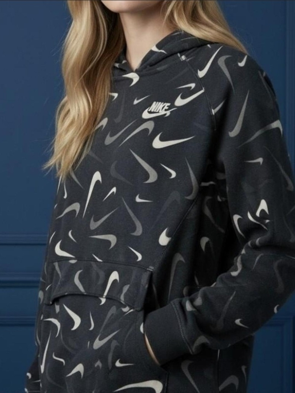 Nike Women’s Black Hoodie with Gray Allover Swoosh Print